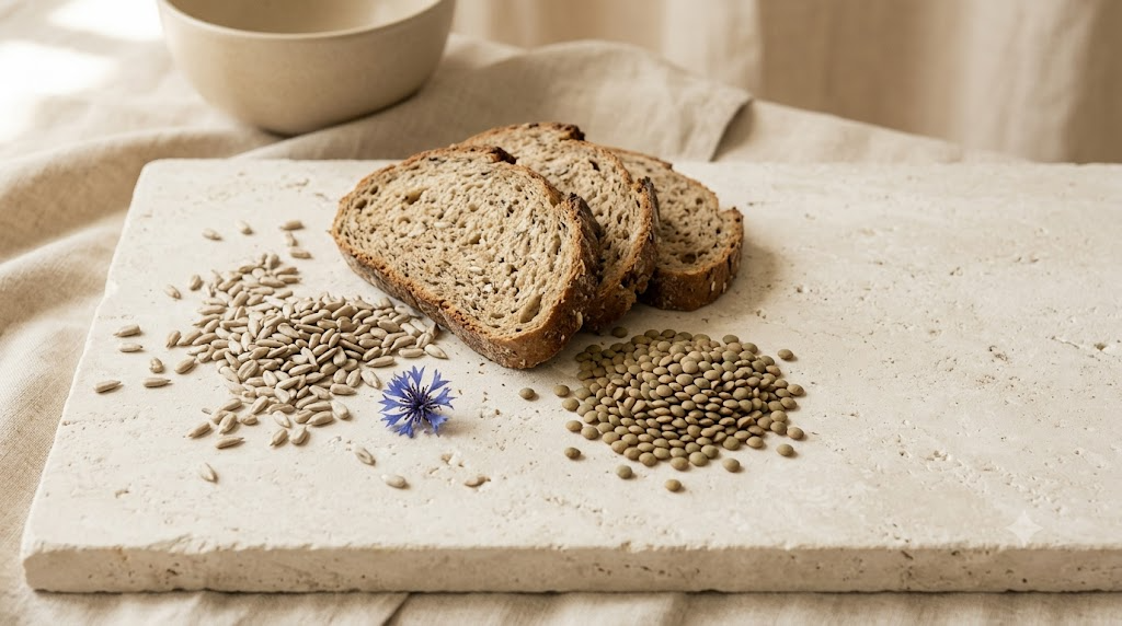 A still life photograph of sunflower seeds, slices of whole grain bread and dried lentils on a plain surface.