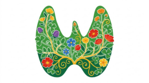 A flat vector folk-art illustration of a human thyroid gland with a small nodule on a white background.