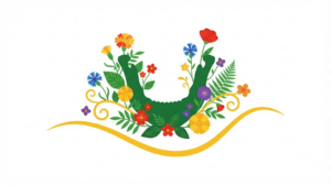 Flat vector illustration of a human jaw with stylised marigolds, blossoms and fern fronds climbing up around it.
