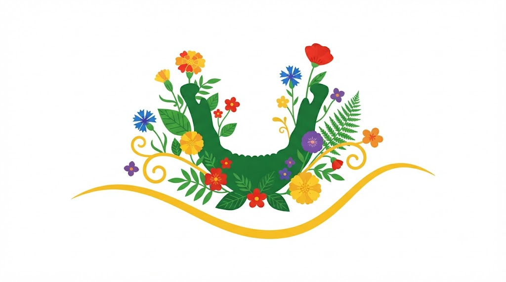 Flat vector illustration of a human jaw with stylised marigolds, blossoms and fern fronds climbing up around it.