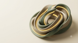 A soft matte clay render of an ear-worn stimulation electrode shaped as a folded ribbon looping through itself, with a single bright golden light element.