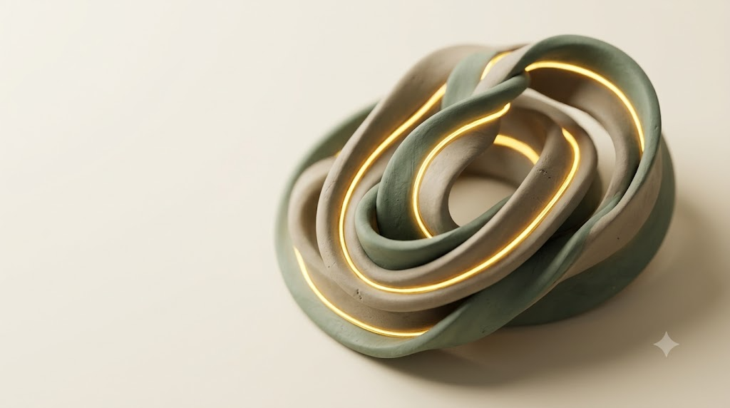 A soft matte clay render of an ear-worn stimulation electrode shaped as a folded ribbon looping through itself, with a single bright golden light element.