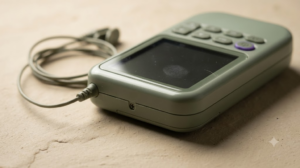 A low angle photograph of a compact sage transcutaneous nerve stimulator with a dark screen and an ear clip electrode on an unglazed clay tile.
