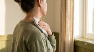 A person holds an ice pack against their collarbone in a calm, softly lit room.