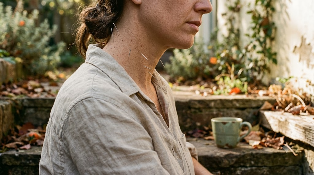 A person sitting still with a few fine acupuncture needles placed along the side of their neck in warm late afternoon light.