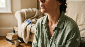 Cropped at the chin, a person on a sofa exhales slowly with shoulders dropping, books and blanket behind.