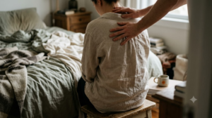 A person sitting on a low stool while another person's hands rest on their upper back and neck, in a warm, lived-in room.