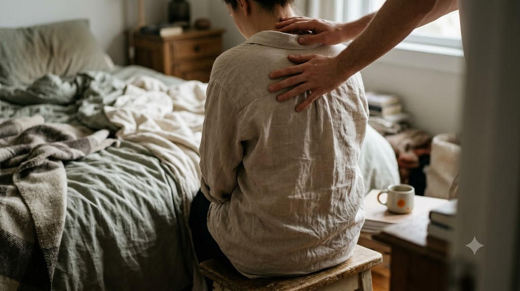 A person sitting on a low stool while another person's hands rest on their upper back and neck, in a warm, lived-in room.