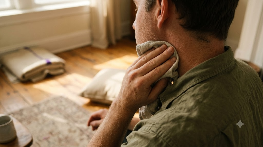 A person presses a cold damp cloth against the side of their neck while sitting on a worn rug in warm morning light.