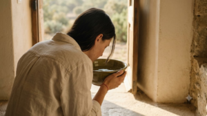 A person lowering their face towards a bowl of cold water.
