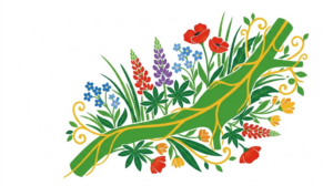 A flat folk-art vector silhouette of a vagus nerve on a diagonal with lupins, forget me nots and grasses.