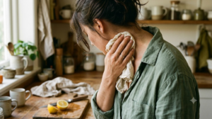 A person pressing a cold damp cloth to the side of their neck at a wooden counter in soft window light.
