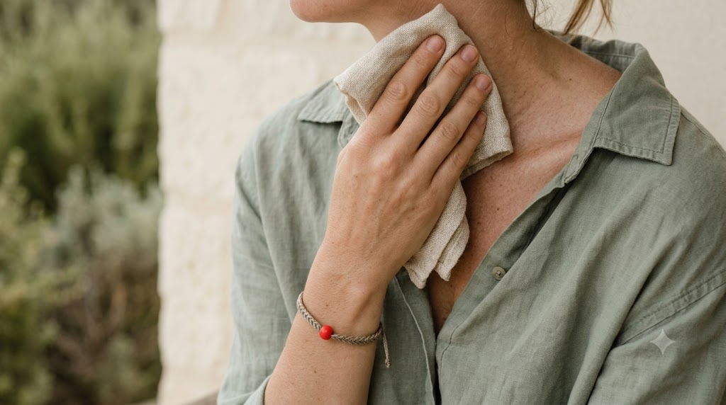 A person in a sage linen shirt presses a cold damp cloth to the side of their neck on a bench outdoors.