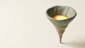 A soft matte clay 3D render of a damaged nerve fiber shaped like a funnel narrowing to a fine point, with a glowing pool of golden light, on a cream background.