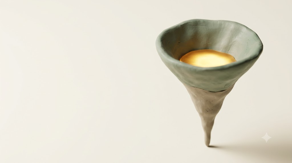 A soft matte clay 3D render of a damaged nerve fiber shaped like a funnel narrowing to a fine point, with a glowing pool of golden light, on a cream background.