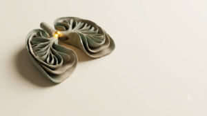 A soft matte clay sculpture of human lungs coiled into an outward-opening spiral shell, lit by a single bright golden bead of light on a warm cream background.