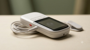 A pale handheld nerve stimulator with a coiled cable and clip contact on a cream painted board.