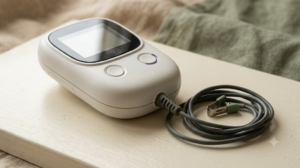A small cream handheld nerve stimulator with a dark cable coiled on a pale wooden surface