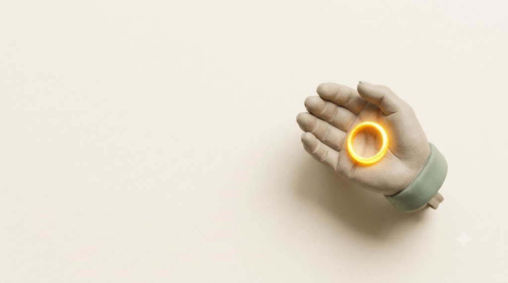 Overhead view of an open clay hand held palm up, holding a single bright glowing golden ring.