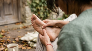 A person pressing their thumb into the arch of their own bare foot on a low step scattered with fallen leaves.