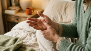 A person pressing a thumb into the palm of their opposite hand in a warm, lived-in room.