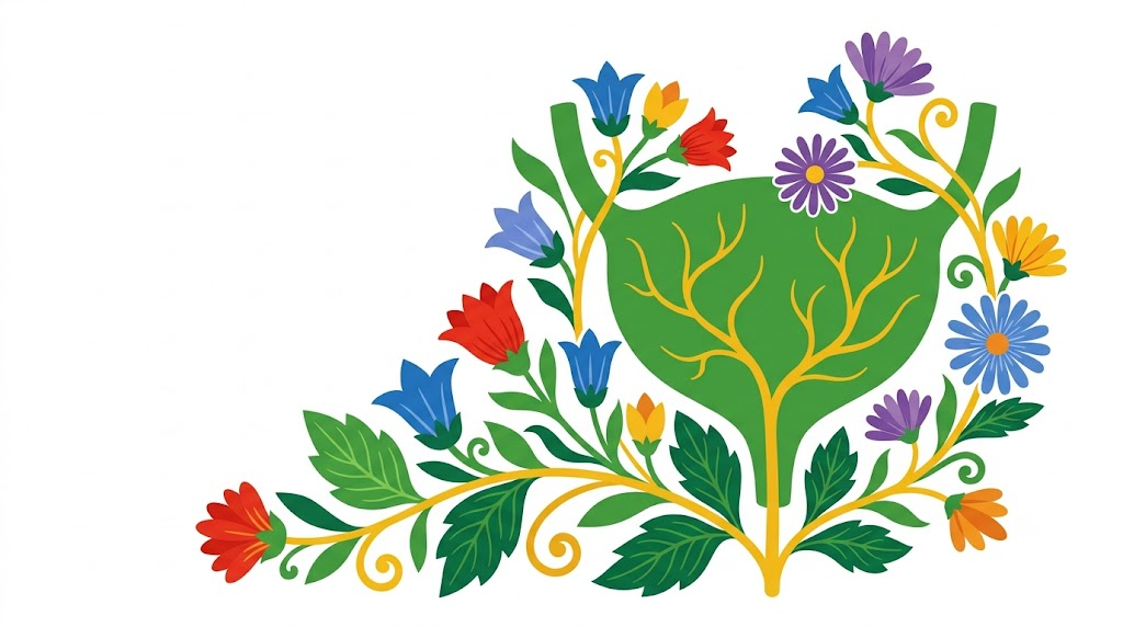 A flat folk-art vector illustration of a human bladder framed by stylised flowers and curling vines on white.