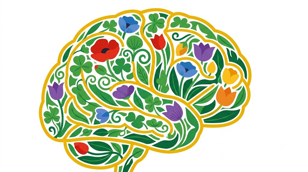 A flat folk-art vector illustration of a human brain filled edge to edge with poppies and tulips.