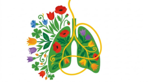 A flat folk-art vector illustration of a pair of human lungs framed by stylised flowers and vines on white.