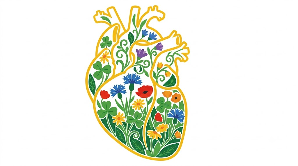 A flat vector folk-art illustration of a human heart surrounded by stylised leaves and flowers on a white background.