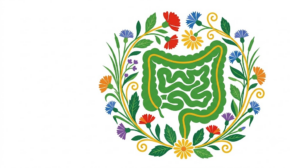 A flat folk-art vector illustration of a small intestine encircled by a wreath of cornflowers and daisies.