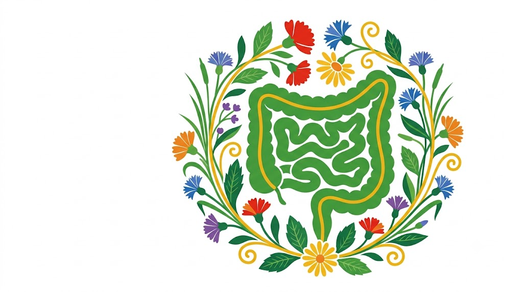 A flat folk-art vector illustration of a small intestine encircled by a wreath of cornflowers and daisies.