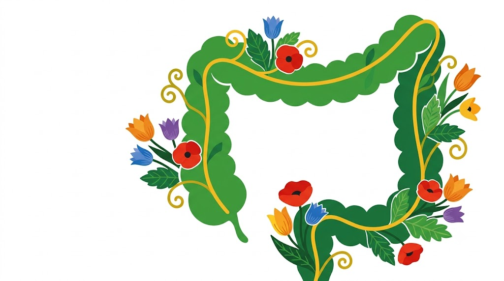 A flat vector folk-art illustration of a human large intestine surrounded by stylised poppies, tulips and a golden vine on a white background.