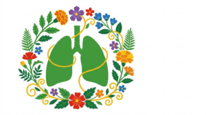 Flat vector illustration of a pair of lungs and windpipe encircled by a folk-art wreath of marigolds and fern fronds.