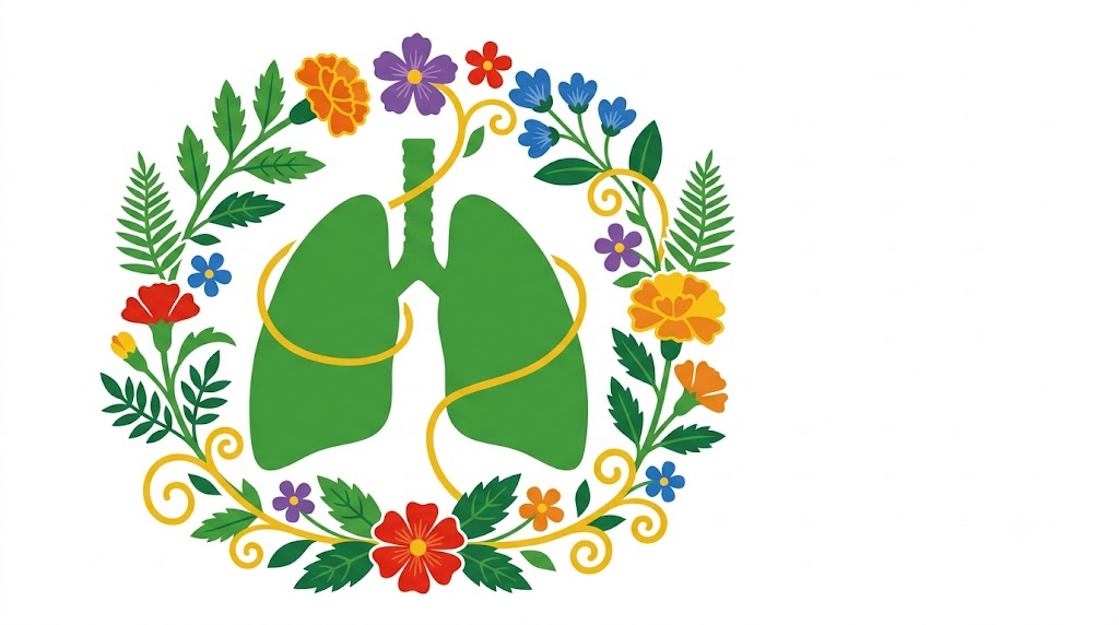 Flat vector illustration of a pair of lungs and windpipe encircled by a folk-art wreath of marigolds and fern fronds.