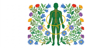 Flat vector folk-art illustration of a full human figure with the vagus nerve traced down the torso, set between mirrored sprays of bellflowers, asters and olive sprigs on a white background.