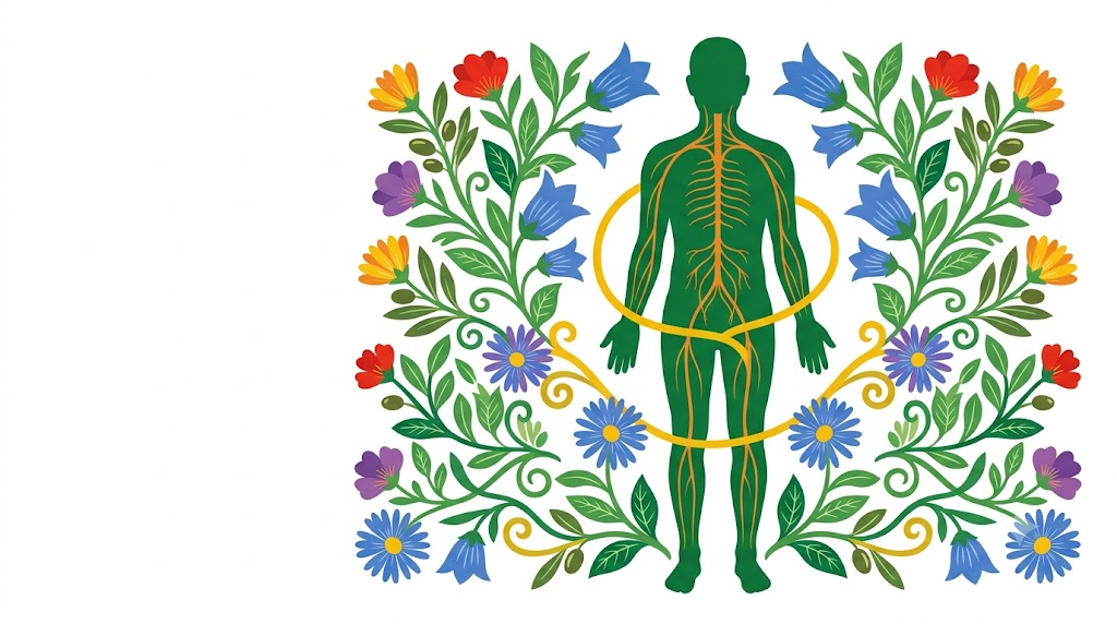 Flat vector folk-art illustration of a full human figure with the vagus nerve traced down the torso, set between mirrored sprays of bellflowers, asters and olive sprigs on a white background.