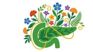 A flat folk-art vector illustration of a human pancreas among stylised flowers and curling vines on a white background.