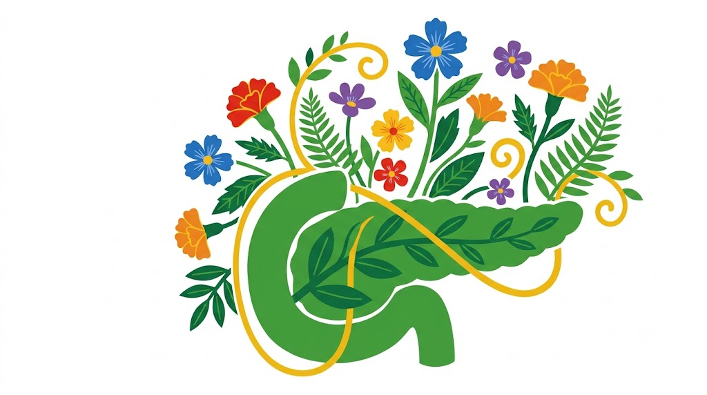 A flat folk-art vector illustration of a human pancreas among stylised flowers and curling vines on a white background.
