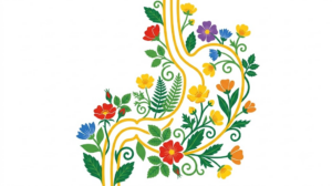 A flat folk-art illustration of a human stomach with wild roses, buttercups and fern fronds climbing up around it.