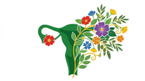 A flat folk-art vector illustration of a human uterus framed by stylised flowers, leaves and curling vines on a white background.