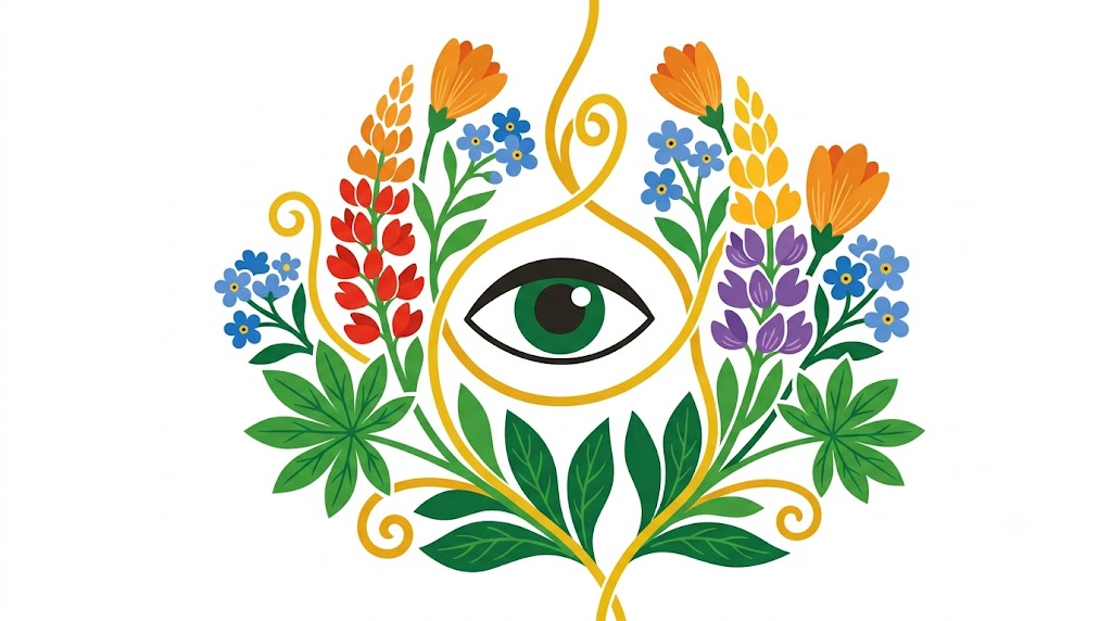 A flat vector folk-art illustration of a human eye with stylised flowers and leaves on a white background.