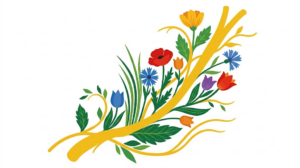 A flat folk-art vector illustration of a nerve pathway drawn as a golden ribbon with stylised poppies, tulips and leaves on a white background.
