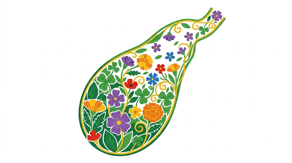 A flat vector folk-art illustration of a human gallbladder surrounded by stylised poppies, tulips and a golden vine on a white background.