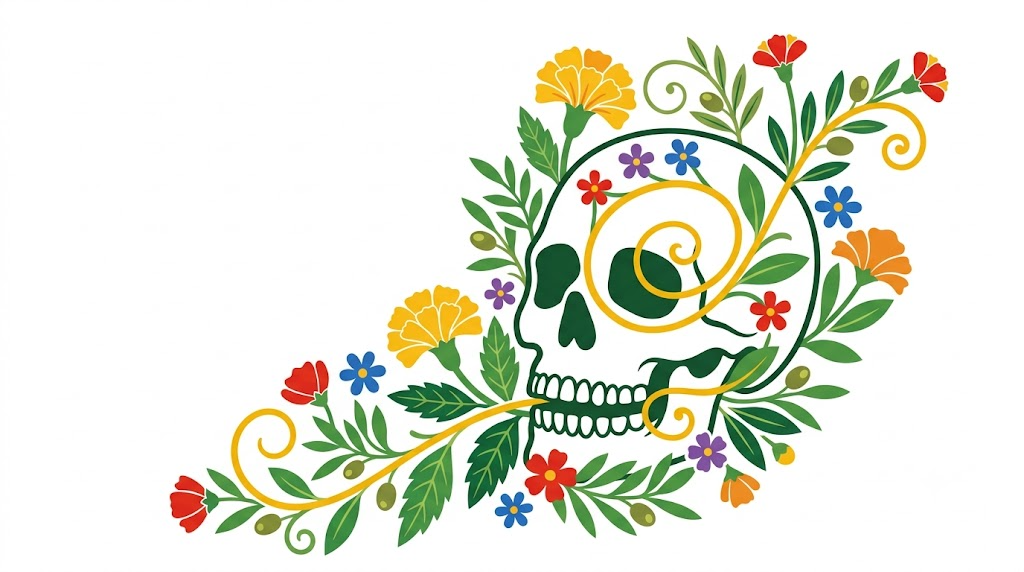 A flat vector illustration of a human skull surrounded by folk-art botanicals.
