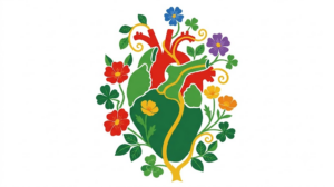A flat folk-art vector illustration of a human heart decorated with stylised flowers on white.