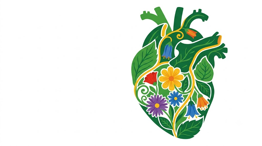 A flat folk-art vector illustration of a human heart framed by stylised flowers, leaves and curling vines on a white background.