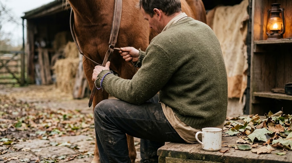 A person seen from behind tightening the girth strap under a horse, close in, in warm low light.