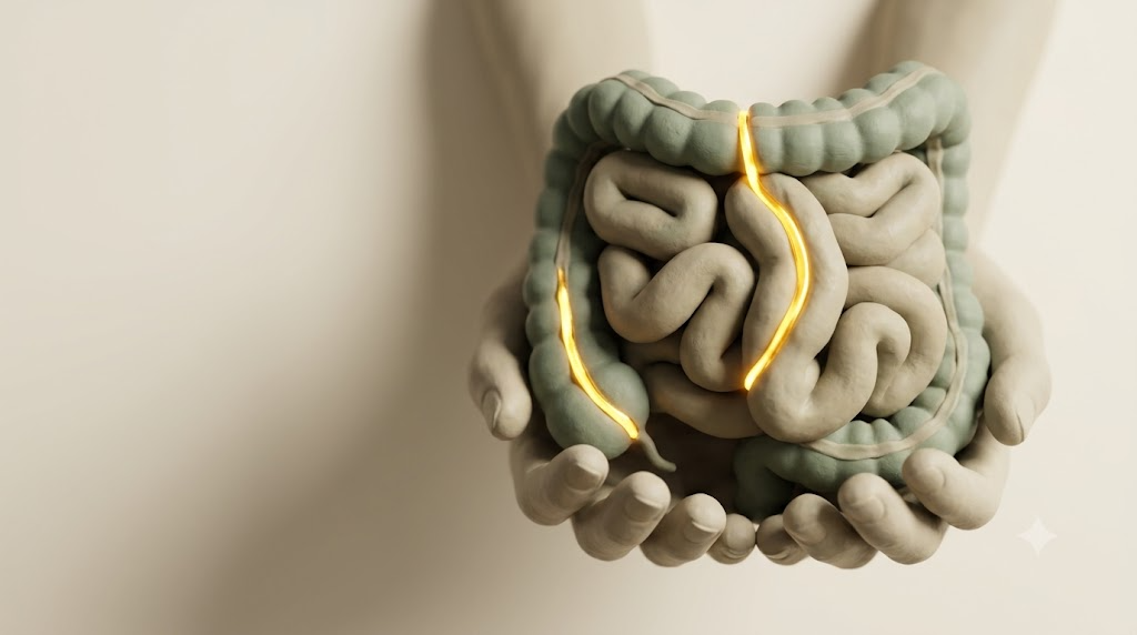 A sculpted matte clay coiled intestine cradled in cupped hands, with a bright golden seam running along a break in the form.