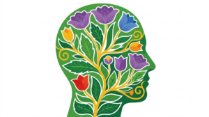 Flat vector illustration of a head in profile framed by folk-art flowers and trailing vines.