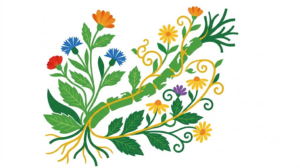 A flat folk-art vector illustration of a nerve fibre with patches of damaged myelin sheath, decorated with stylised flowers on white.